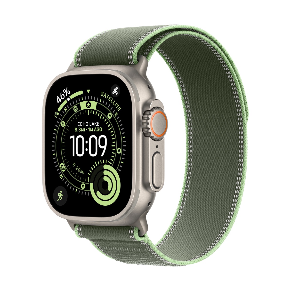 Apple Watch Ultra 3 (2025), 49 мм корпус из титана цвета «Natural», ремешок Trail Loop размера M/L цвета «Green/Neon»