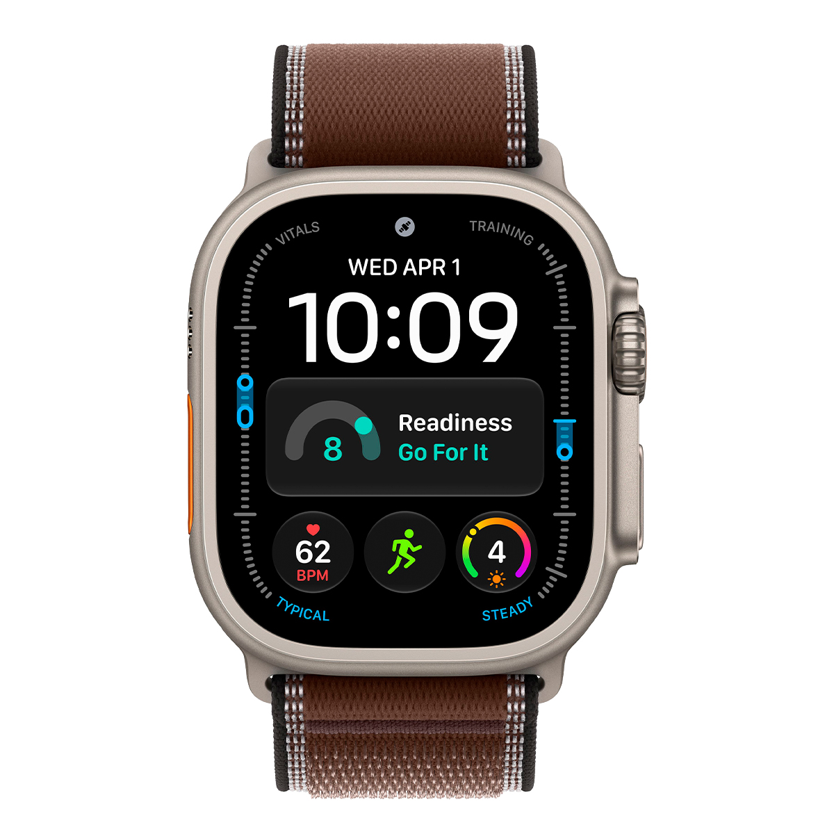 Apple Watch Ultra 4, 49 мм корпус из титана цвета «Natural», ремешок Trail Loop цвета «Dark Umber» размера M/L